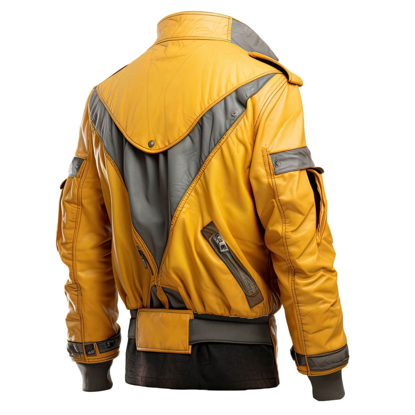 Men's Mustard Yellow Grey Genuine Sheepskin Stand Collar Baggy Style Miliary Style Multi-Zippered Bomber Leather Jacket - Back View - DENIMS