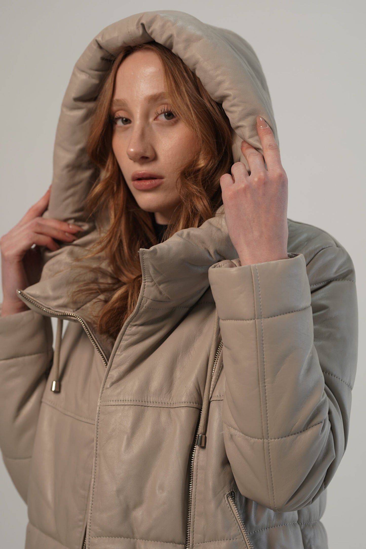 Ace Puffer Beige Hood Genuine Leather Jacket