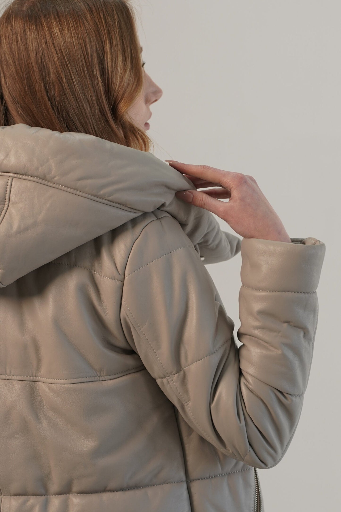 Ace Puffer Beige Hood Genuine Leather Jacket