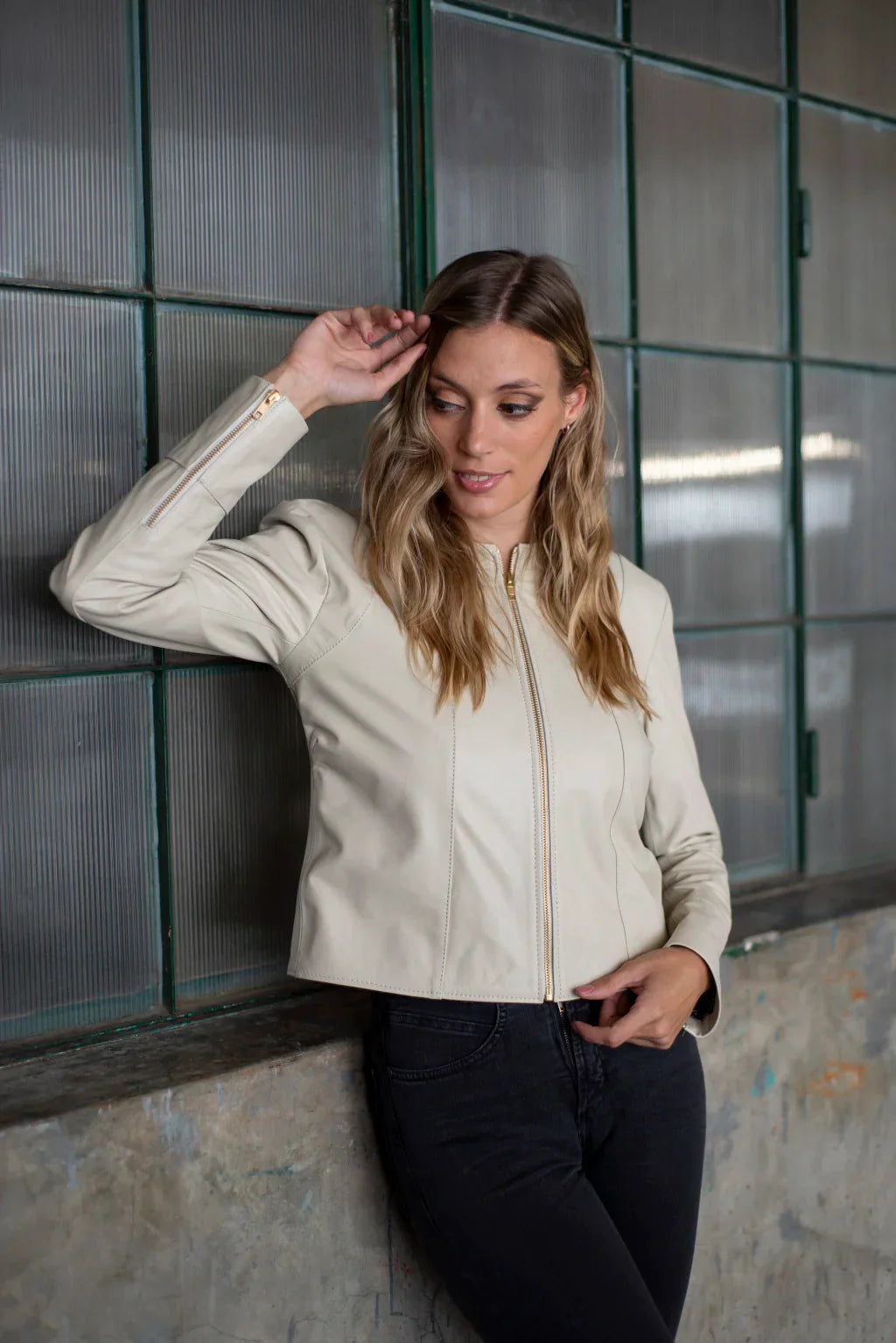 Collarless Women Leather Jacket