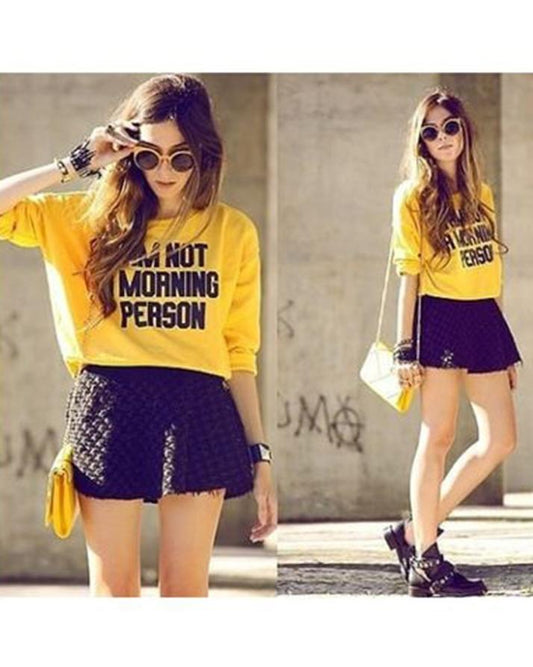 Yellow I am Not A Morning Person Cotton Printed T-Shirt For Women