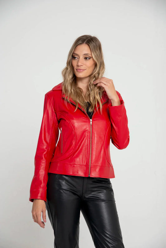 Spread Collar Women Red Leather Jacket