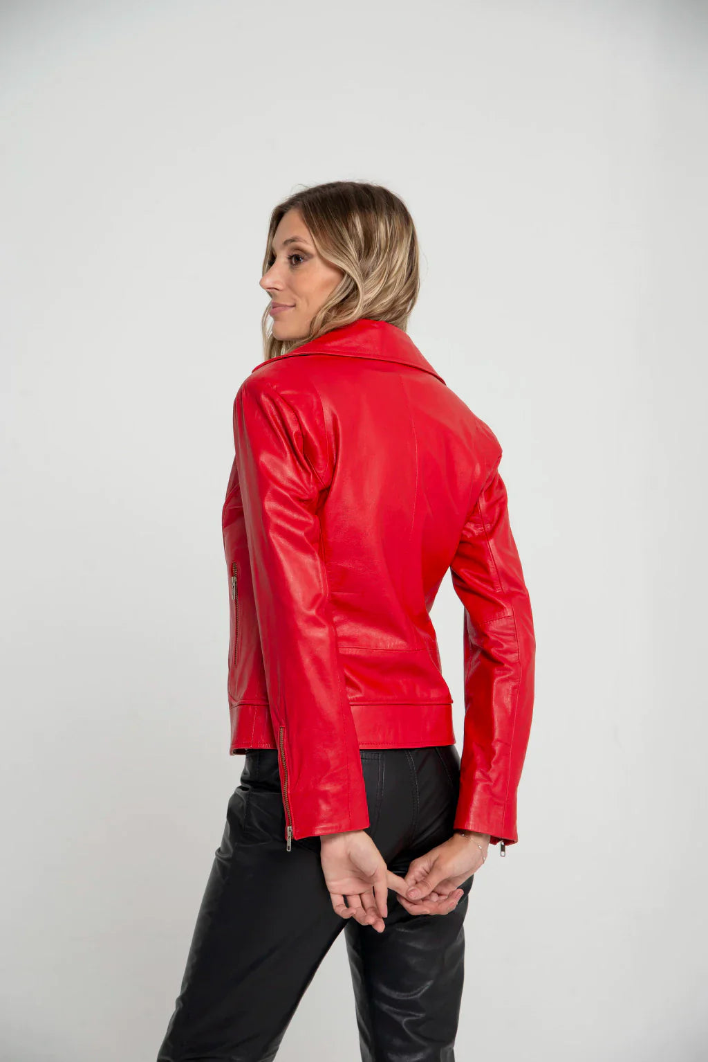 Spread Collar Women Red Leather Jacket