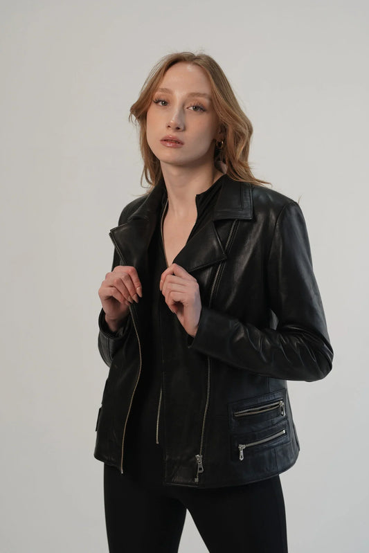 Rina Black Biker Leather Jacket For Women