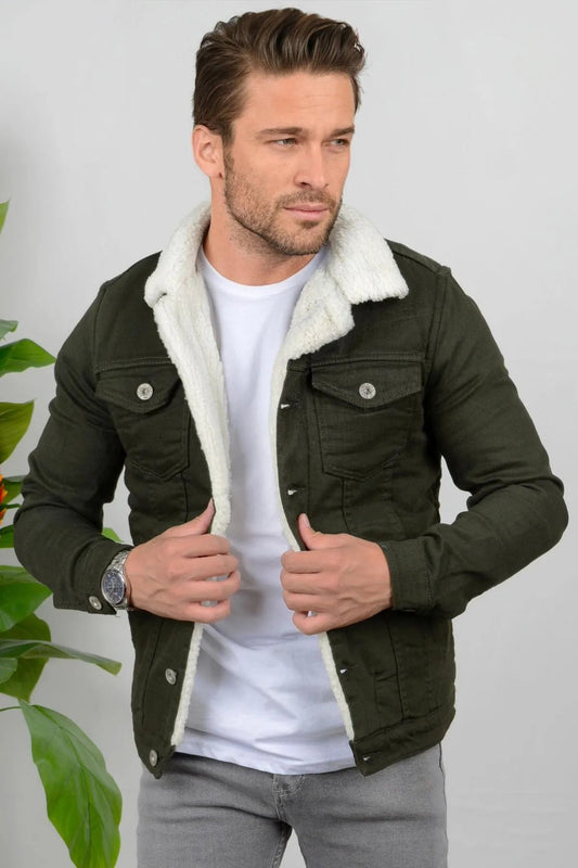 Olive Green Denim Jacket with Full White Fur for Men