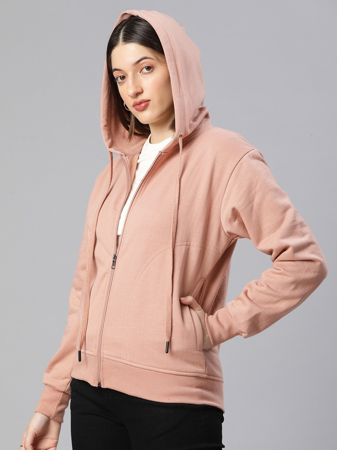 Women Black Solid Training Hooded Rapid-Dry Zipper — Lightweight Athletic Zip Hoodie | DENIMS Pakistan