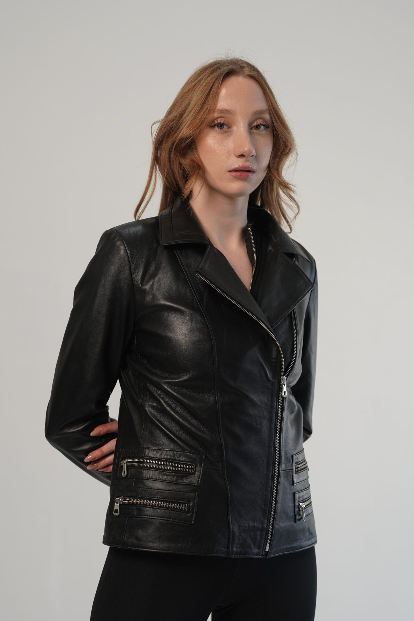 Rina Black Biker Leather Jacket For Women
