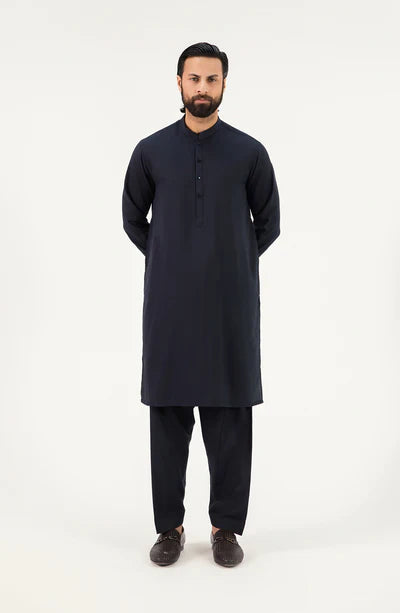 Men's Band Collar Shalwar Suit - Navy Blue