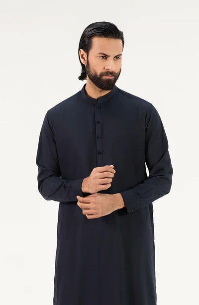 Men's Band Collar Shalwar Suit - Navy Blue