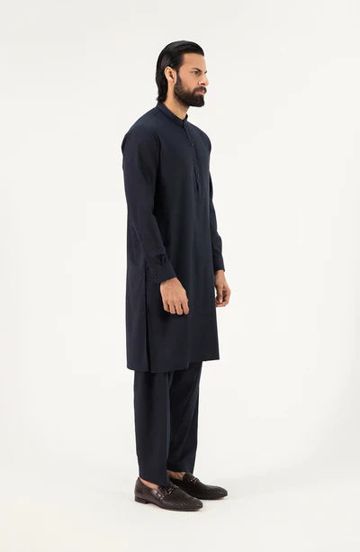 Men's Band Collar Shalwar Suit - Navy Blue