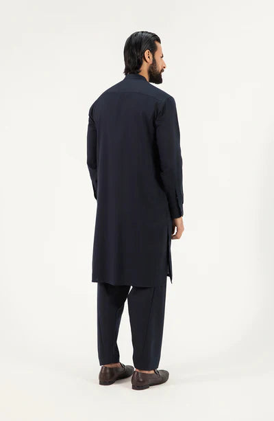 Men's Band Collar Shalwar Suit - Navy Blue