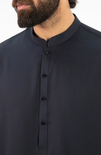 Men's Band Collar Shalwar Suit - Navy Blue