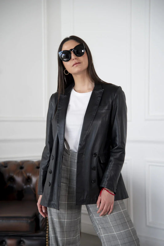 Ace Black Leather Blazer For Women