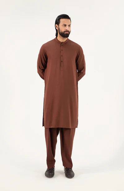 Men's Band Collar Shalwar Suit - Dark Brown