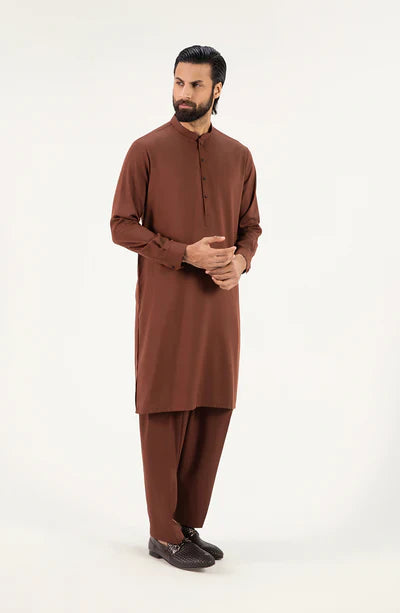 Men's Band Collar Shalwar Suit - Dark Brown