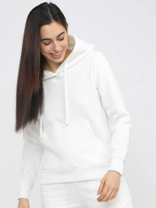 Women Hooded White Hoodie — Classic White Cotton Pullover with Kangaroo Pocket | DENIMS Pakistan