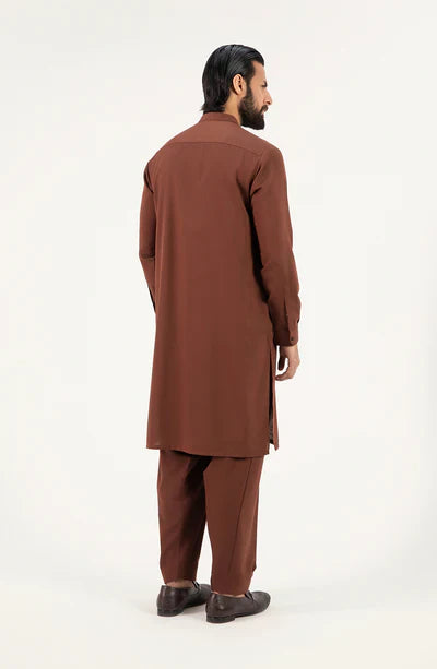 Men's Band Collar Shalwar Suit - Dark Brown
