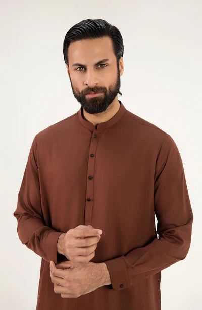 Men's Band Collar Shalwar Suit - Dark Brown