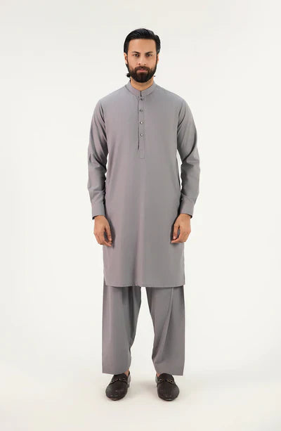 Men's Band Collar Shalwar Suit - Grey