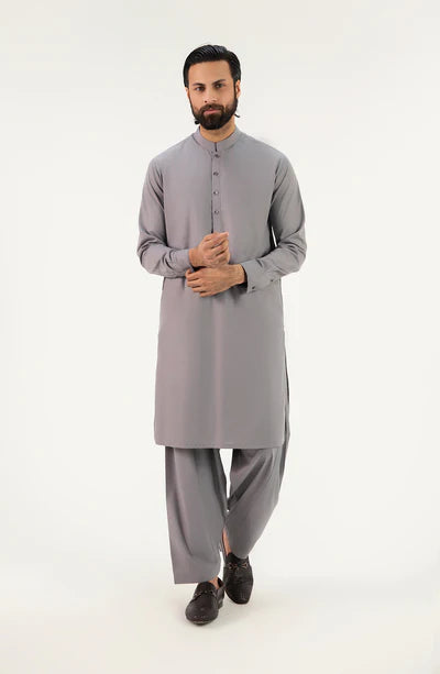 Men's Band Collar Shalwar Suit - Grey