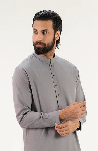 Men's Band Collar Shalwar Suit - Grey