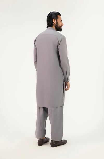 Men's Band Collar Shalwar Suit - Grey
