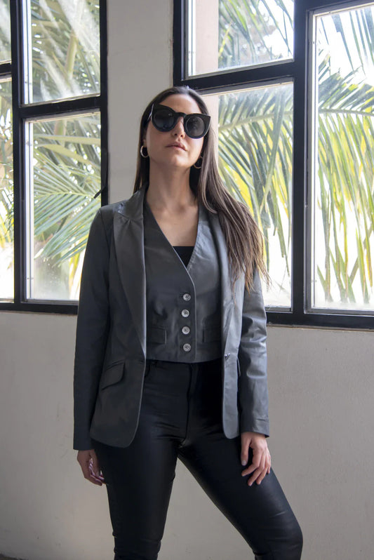Ace Grey Leather Blazer For Women (2 Piece)