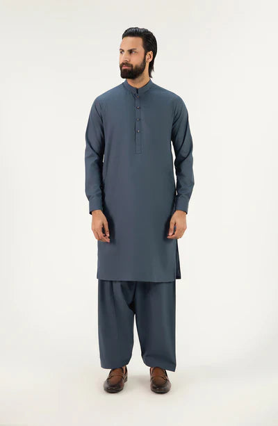 Men's Band Collar Shalwar Suit - Blue