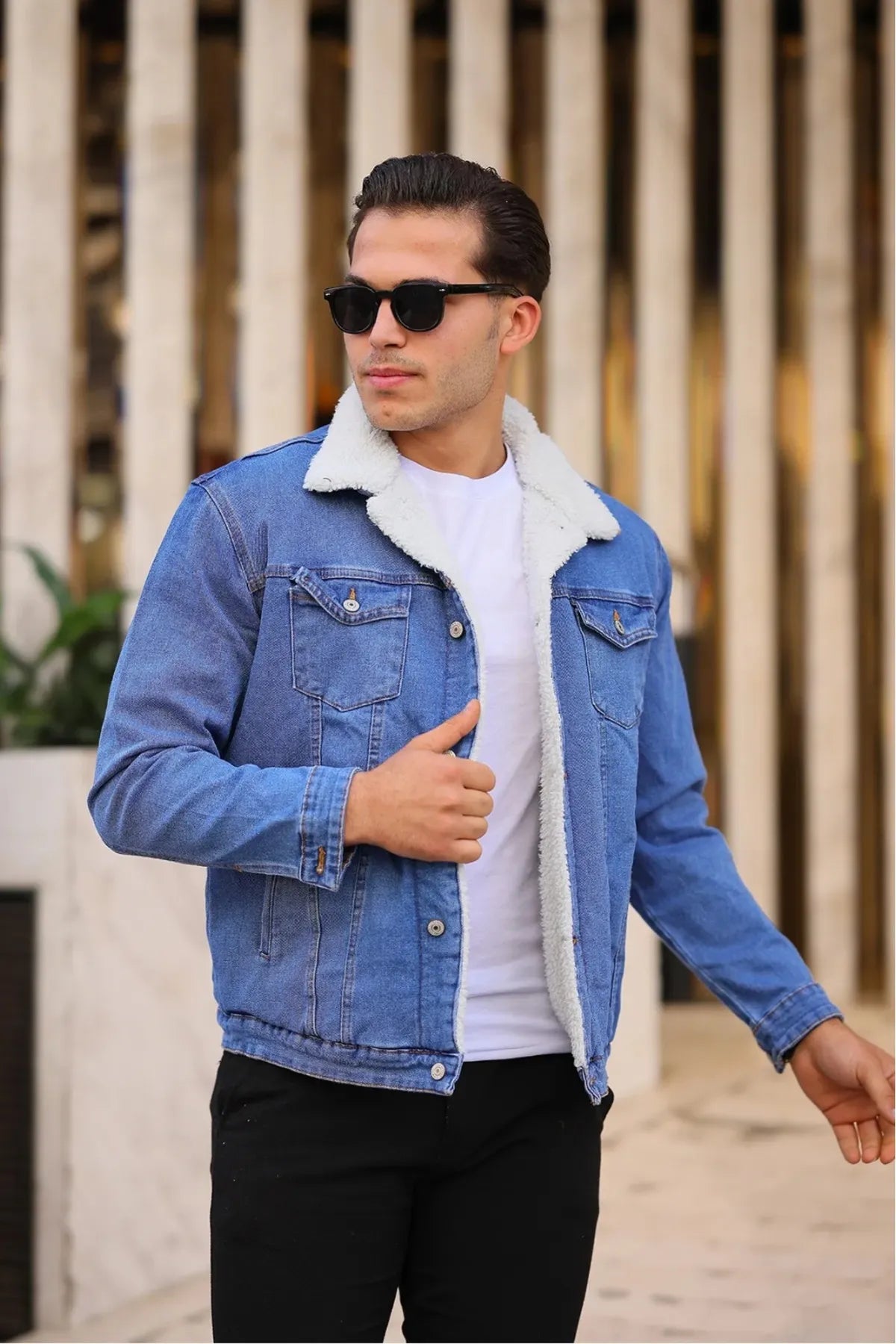 Full White Fur Light Blue Denim Jacket for Men by DENIMS – Stylish winter wear in Pakistan.