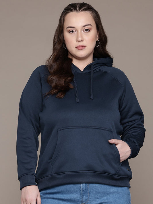 Women Navy Blue Solid Hooded Hoodie — Classic Cotton Pullover with Kangaroo Pocket | DENIMS Pakistan