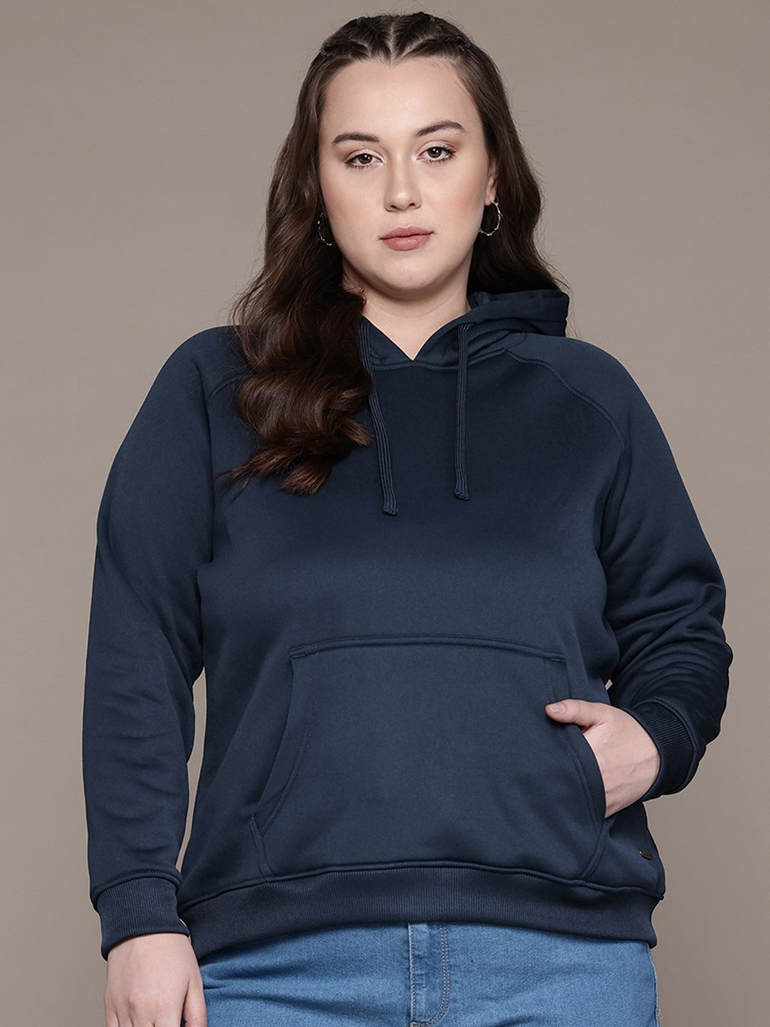 Women Navy Blue Solid Hooded Hoodie — Classic Cotton Pullover with Kangaroo Pocket | DENIMS Pakistan