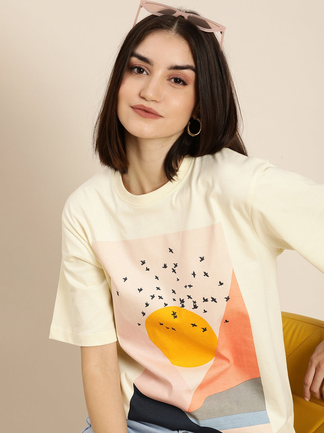 Women Cream-Coloured Printed Cotton Oversized T-Shirt – Stylish Casual Pakistan