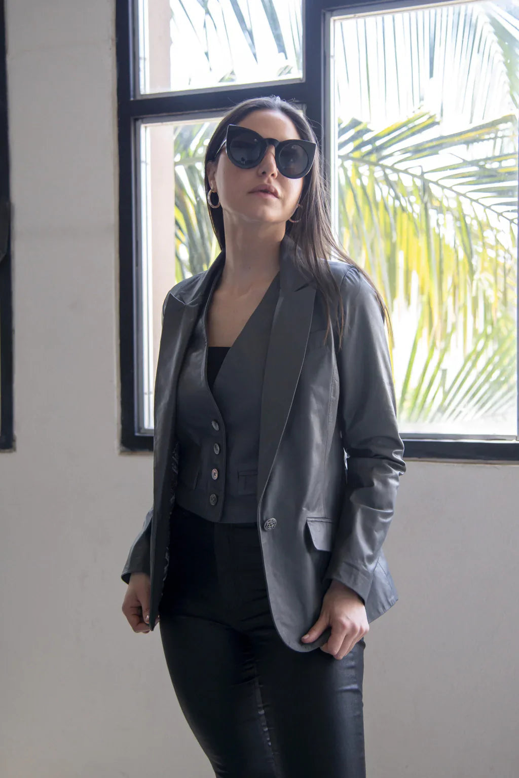 Ace Grey Leather Blazer For Women (2 Piece)