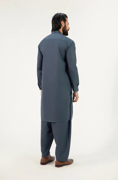 Men's Band Collar Shalwar Suit - Blue