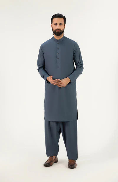 Men's Band Collar Shalwar Suit - Blue