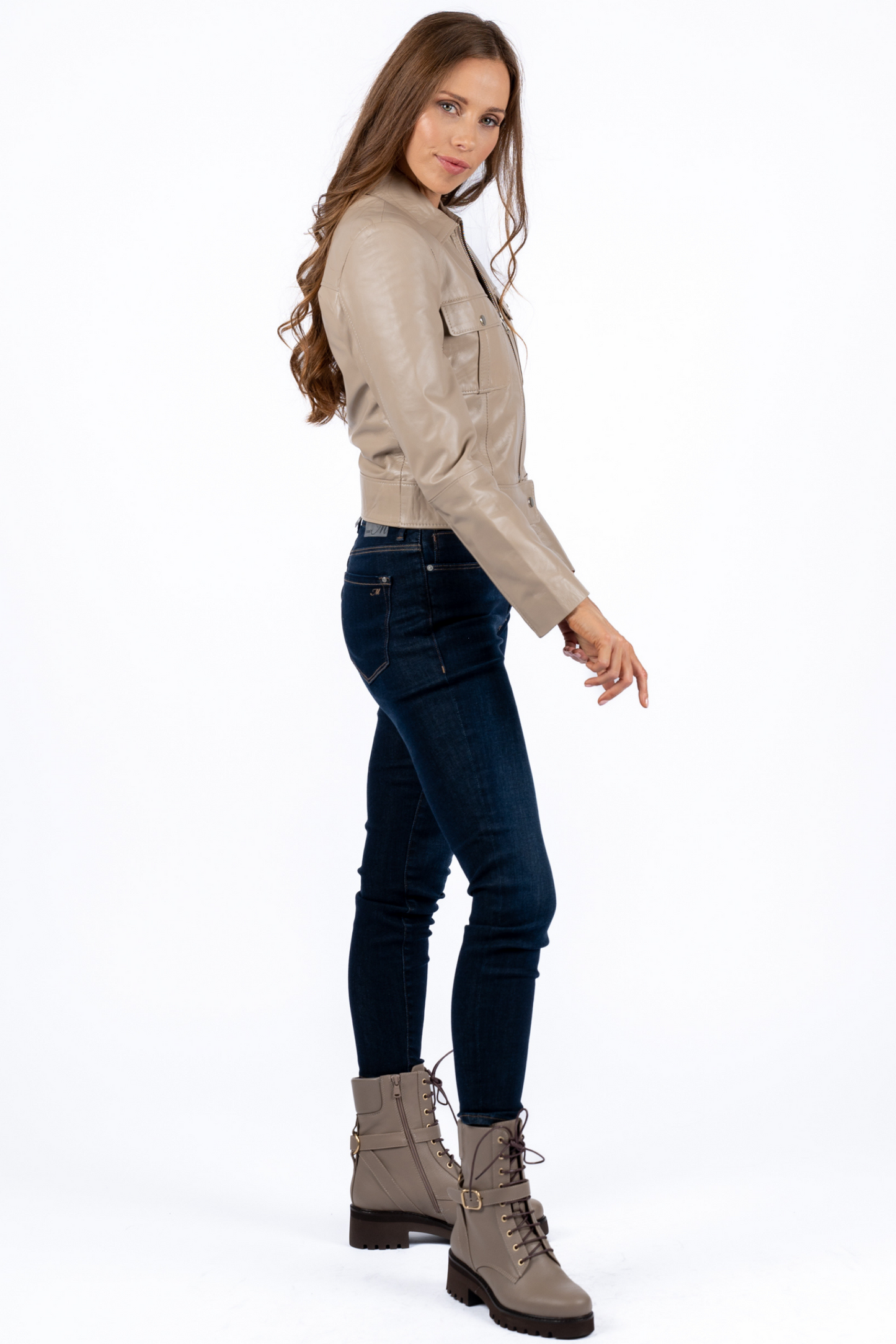 Astrid Beige Crop Leather Jacket Women