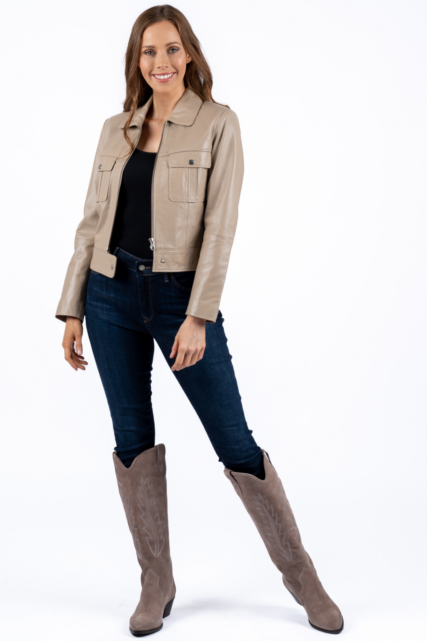 Astrid Beige Crop Leather Jacket Women