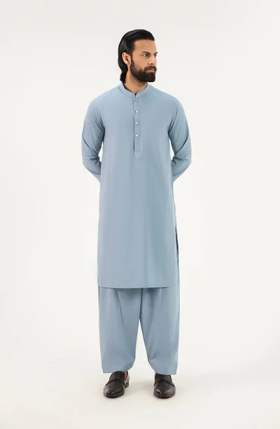 Men's Band Collar Shalwar Suit - Light Blue