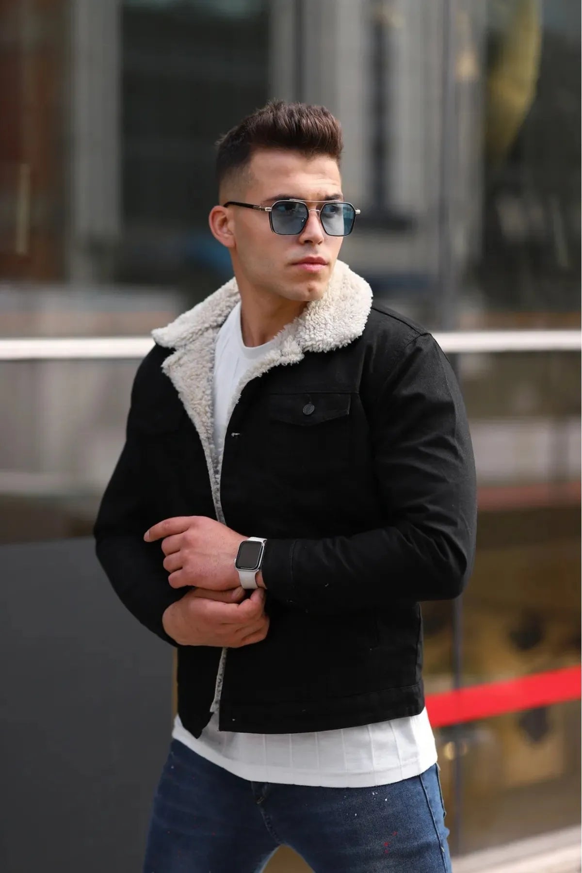 Men's Off White Fur Black Denim Jacket – Premium Style by DENIMS