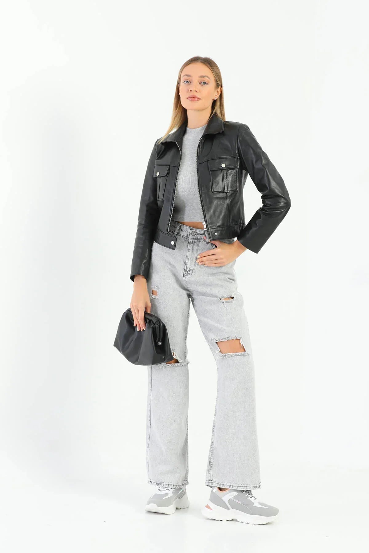Astrid Glossy Black Crop Leather Jacket Women