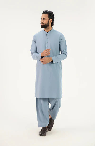 Men's Band Collar Shalwar Suit - Light Blue