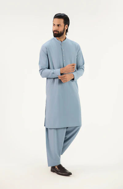 Men's Band Collar Shalwar Suit - Light Blue