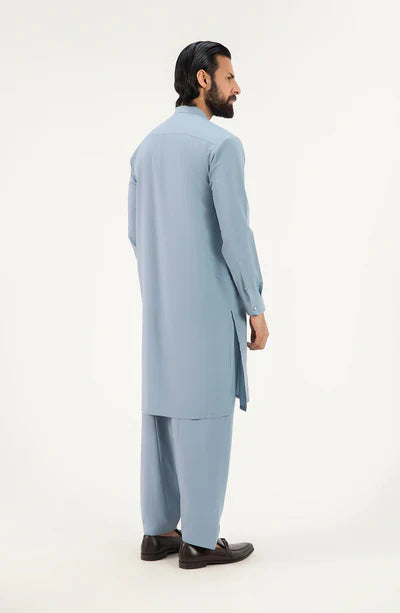 Men's Band Collar Shalwar Suit - Light Blue
