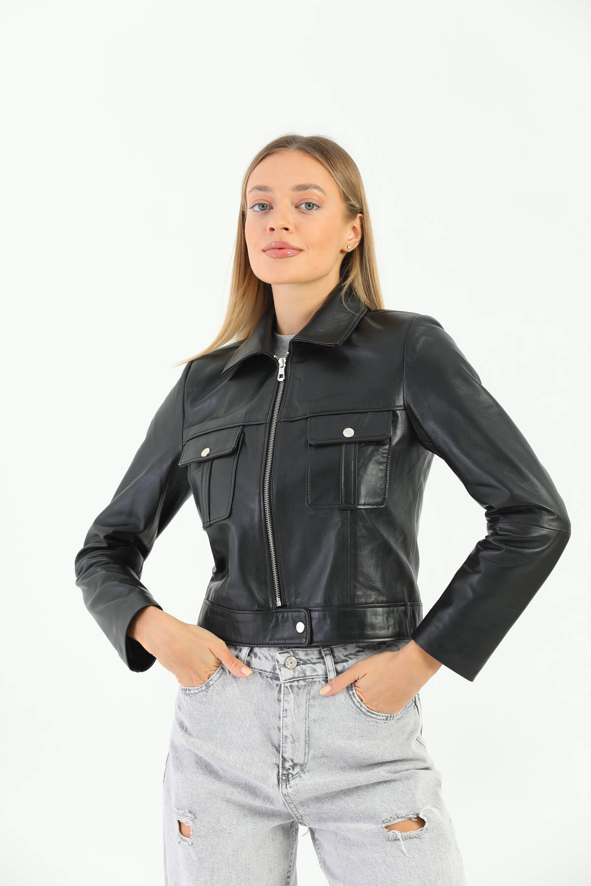 Astrid Glossy Black Crop Leather Jacket Women