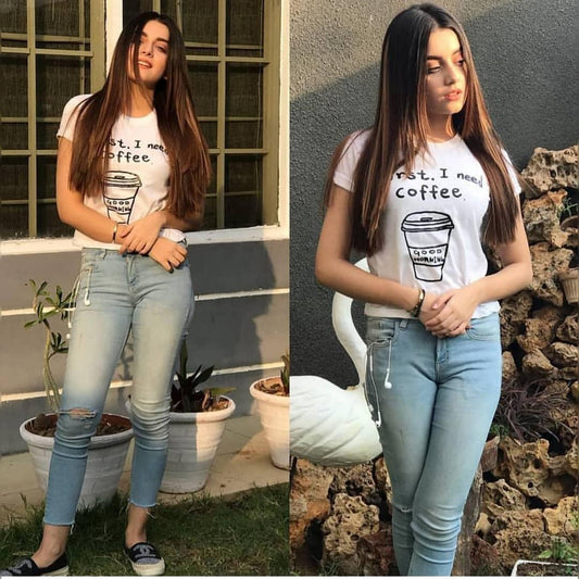 White First I Need Coffee Cotton Printed T-Shirt For Women