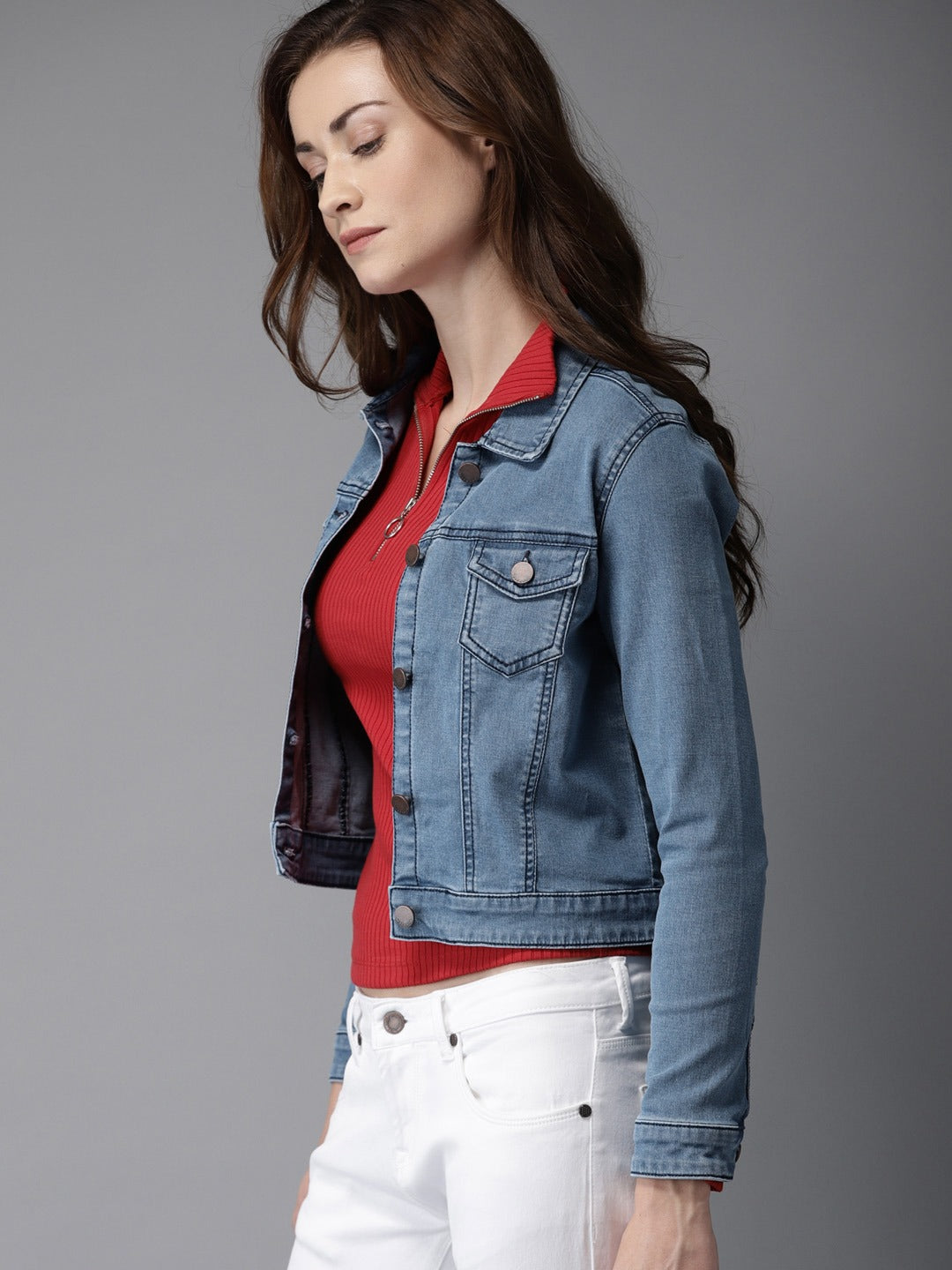 Women Blue Solid Crop Jacket