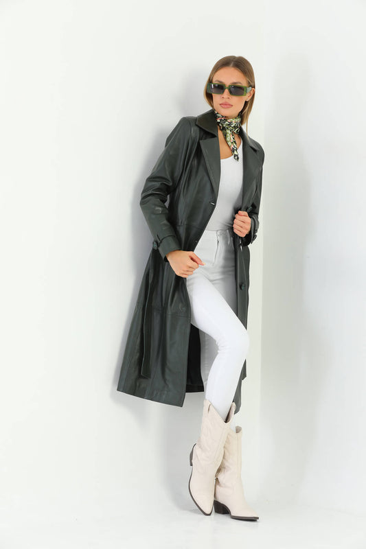 Tracy Dark Green Leather Trench Coat For Women's