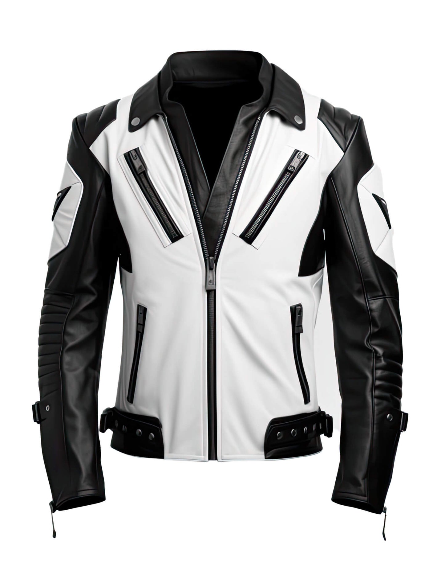 Men's White Black Genuine Sheepskin Stand Collar V-Neck Quilted Belted Soft Casual Slim-fit Moto Biker Leather Jacket - Front View - DENIMS