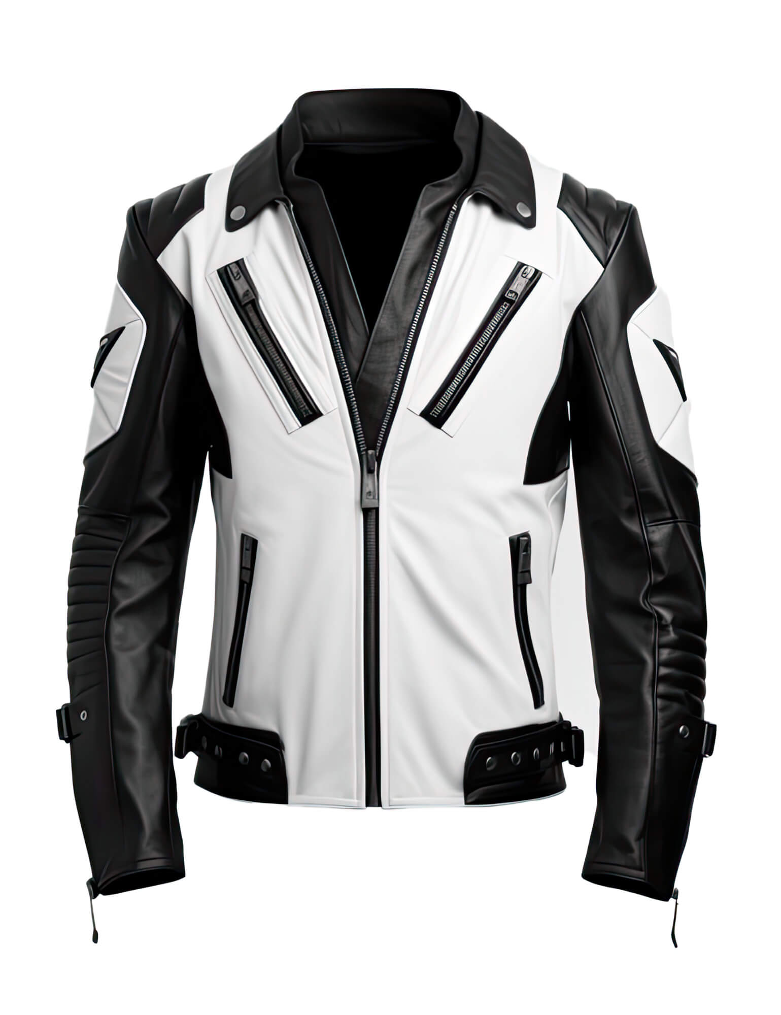 Men's White Black Genuine Sheepskin Stand Collar V-Neck Quilted Belted Soft Casual Slim-fit Moto Biker Leather Jacket - Front View - DENIMS