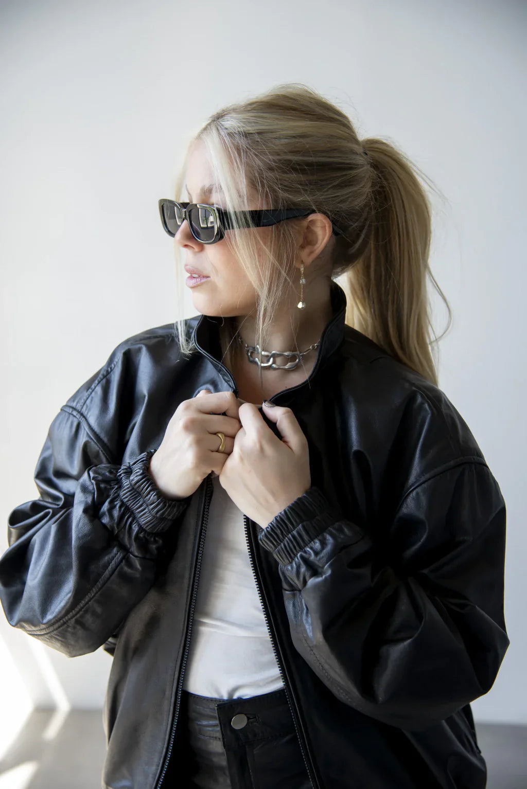 Oversize Black Women Bomber Leather Jacket